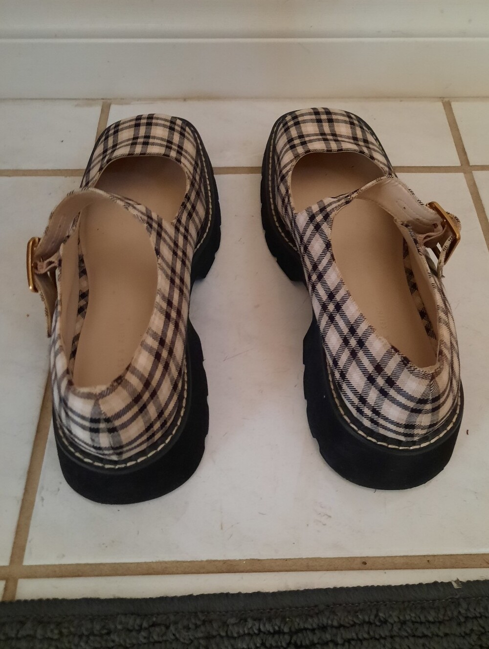 Plaid Mary Jane Platform Shoes - Black & Cream - Picture 5 of 6